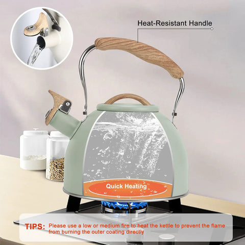 3 Liter Teapot With Loud Whistle Stainless Steel Stove Top Kettle With Wood Pattern Folding Handle Green Food Grade Teapot
