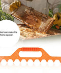 Beekeeping Frame Spacer Tool for Spacing 8 Frames in a 10-Frame Hive Box shown with a beekeeper holding a honeycomb frame