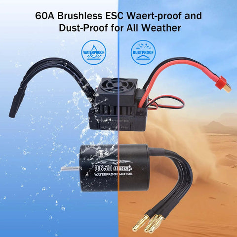 Waterproof Brushless Motor And ESC Combo For 2S LiPo, showing water and dustproof design, 3650 3900KV motor with 60A ESC