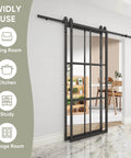 Bypass Double Glass Barn Door Set With 6.6Foot Side Mounted Hardware Kit Two 30x84 Inches Clear Tempered Glass Panels In Aluminum Frame 60x84 Inches Overall Fits Maximum Opening 55 And 3 Eighths Inches No Fuss Assembly Smooth Sliding For Modern Farmhouse shown installed.