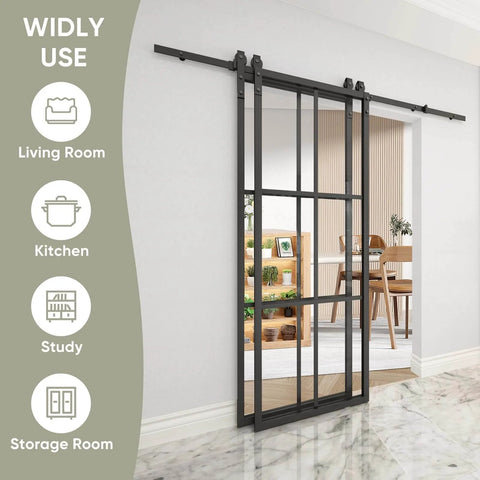 Bypass Double Glass Barn Door Set With 6.6Foot Side Mounted Hardware Kit Two 30x84 Inches Clear Tempered Glass Panels In Aluminum Frame 60x84 Inches Overall Fits Maximum Opening 55 And 3 Eighths Inches No Fuss Assembly Smooth Sliding For Modern Farmhouse shown installed.
