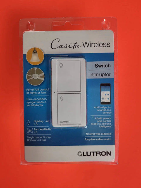 Wireless Light And Fan Control Switch With Two Button Pico Remote in packaging, shown on orange background