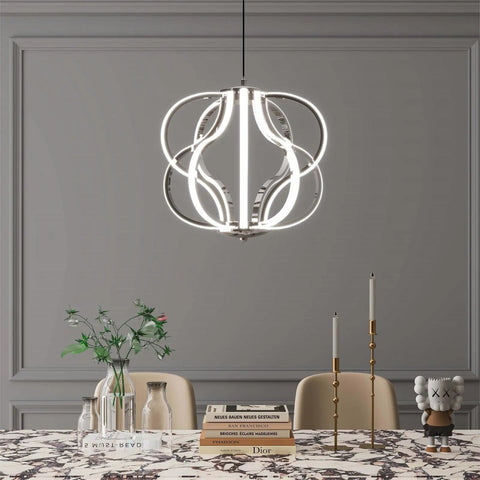 Modern LED Chandelier With Acrylic Design, Adjustable Hanging Ceiling Light over dining table, contemporary room setting