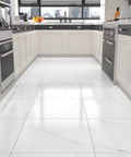 Image of a modern kitchen with Peel And Stick White Marble Vinyl Floor Tiles 12x12 Inch 1mm Thick Waterproof Self Adhesive Flooring