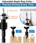 Professional Grade Tungsten Carbide Countersink Drill Bit Set With Adjustable Depth Stops For Slick Wood Countersinks And Hassle Free Flush Screw Installation 17 Piece showing adjustable depth stop collar for precise drilling