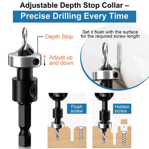 Professional Grade Tungsten Carbide Countersink Drill Bit Set With Adjustable Depth Stops For Slick Wood Countersinks And Hassle Free Flush Screw Installation 17 Piece showing adjustable depth stop collar for precise drilling