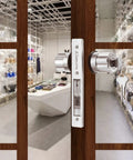 Twist To Lock Keyless Storefront Door Lock With Anti Mislock Button And Inaccessible Bypass Redesign installed on glass door
