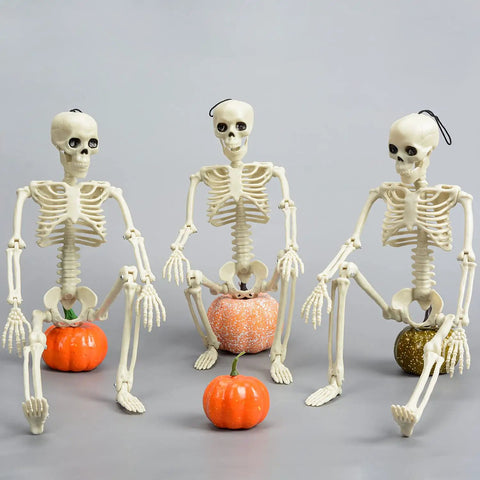 Three 16 Inch Posable Halloween Skeletons With Movable Joints Full Body Prop For Haunted Houses Indoor Decor Spooky Party Props, sitting.
