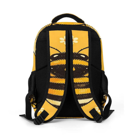Back view of Golden Bloom Bumblebee Printed Unisex Backpack with Large Capacity for School and Travel, featuring breathable straps.