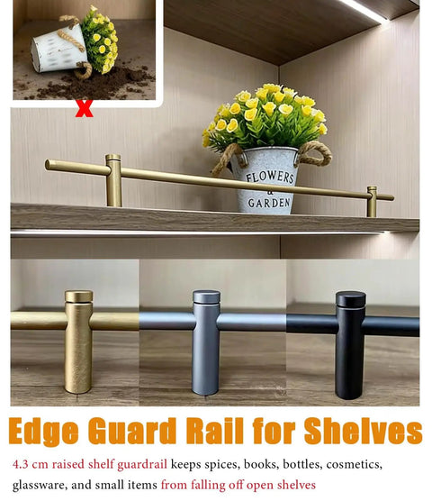 Adjustable Shelf Guard Rail Set for 39-46 inch shelves with bracket, preventing flower pot from falling on display cabinet