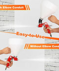 Heavy Duty Drywall Texture Sprayer Kit Featuring 1.5 Gallon Air Hopper And Badass Spray Gun shown with and without elbow conduit for ease of use.