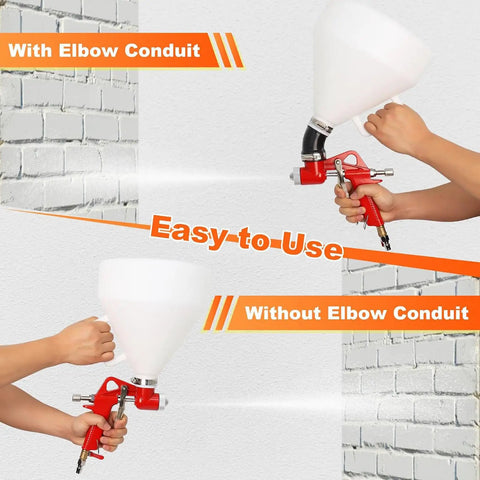 Heavy Duty Drywall Texture Sprayer Kit Featuring 1.5 Gallon Air Hopper And Badass Spray Gun shown with and without elbow conduit for ease of use.