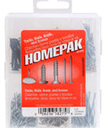 Zinc Plated Brad Nails Screws And Tack Assortment Kit in a clear storage box, essential for DIY crafts and home repairs.