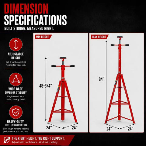 Rock Solid Heavy Duty Underhoist Tripod Stand Offering High Lift Clearance And 2 Ton 4000 Lbs Capacity dimensions, adjustable height, and specifications.