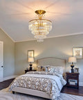 Crystal Gold Chandelier Ceiling Light With E12 Base, Modern Semi Flush Mount Fixture illuminating a bedroom, luxe design.