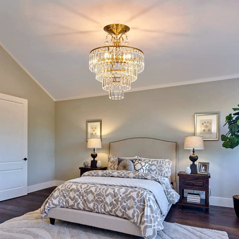 Crystal Gold Chandelier Ceiling Light With E12 Base, Modern Semi Flush Mount Fixture illuminating a bedroom, luxe design.