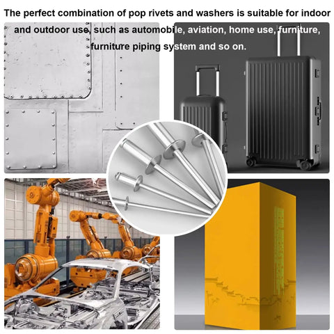 600 Pieces Stainless Steel Pop Rivet Kit Pro Grade With Washers In 9 SAE Rivet Sizes And 3 Washer Sizes Built To Last For Metal Furniture Automotive And Instruments 304 Stainless Steel Rivets And Washers In Labeled Organized Box For Quick Access.