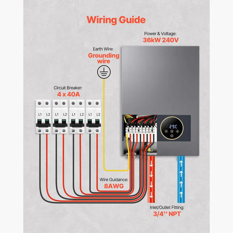 Wiring guide for Heavy Duty 36KW Tankless Electric Water Heater 240V showing connections and specifications.