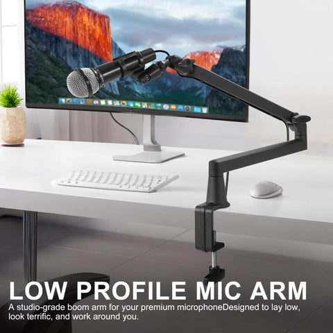 Badass Low Profile Microphone Boom Arm Stand For Gaming Streaming Podcasting With Smooth Swivel And Anti Vibration Cushion Mount in matte black.
