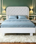 White Queen Boucle Upholstered Platform Bed With Rounded Headboard Sturdy Wood Slats Plush Cloud Back Cushioning in modern bedroom.