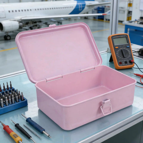 Badass Pink Metal Toolbox With Reliable Locking Latch Built Tough For Your Sweet Ride And Garage Grinds To Keep Every Wrench And Drill Perfectly Locked And Ready, open in workshop.