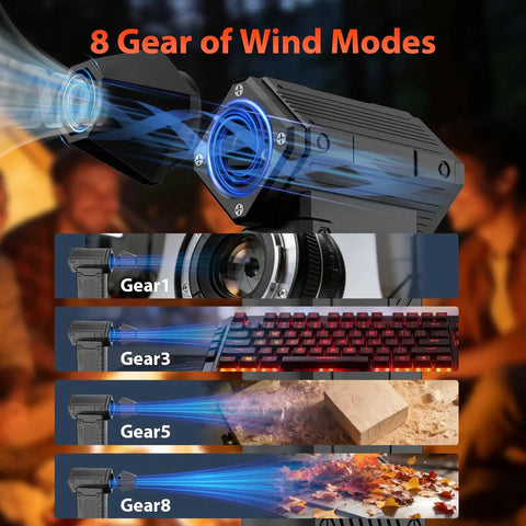 High Power 200000 RPM Electric Air Duster With LED Display And 8 Speed Settings showing gear modes and air flow