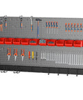 Four 12x24 Inch Metal Pegboard Panels Kit With 64 Accessories, Wall Mount Pegboard System for Garage displayed with tools and bins