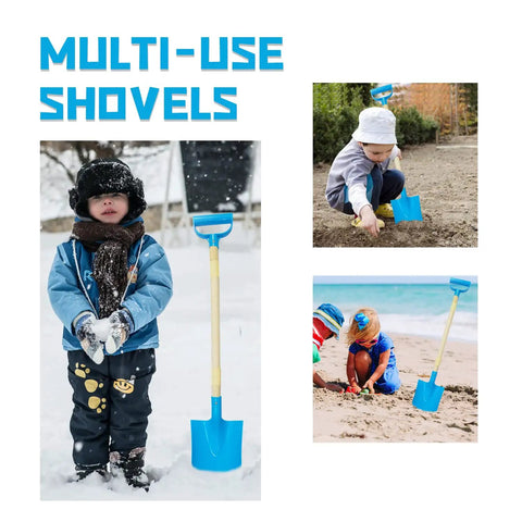 Kids digging with Kids Beach Shovel Set 3 Pack With Adjustable Lengths 19 To 31 Inches, Wood And Plastic Digging Shovels With D Handle