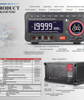 Front and back view of 5566SE Digital Multimeter with Built In Bluetooth Speaker, featuring specifications and functions.