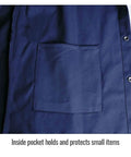 FN930C 30 Inch 9oz Navy Flame Resistant Cotton Welding Jacket inside pocket detail with snap buttons visible