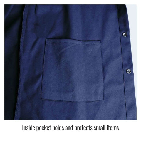 Inside pocket on REVCO FN9 30C 30 Inch Navy Flame Resistant Cotton Welding Jacket 9 Oz FR Fabric with snap buttons visible
