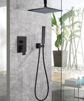 Dope LED Rain Shower System With 12 Inch Square Brass Rain Head, Ceiling Mounted High Pressure Fixture, Handheld shown in bathroom.