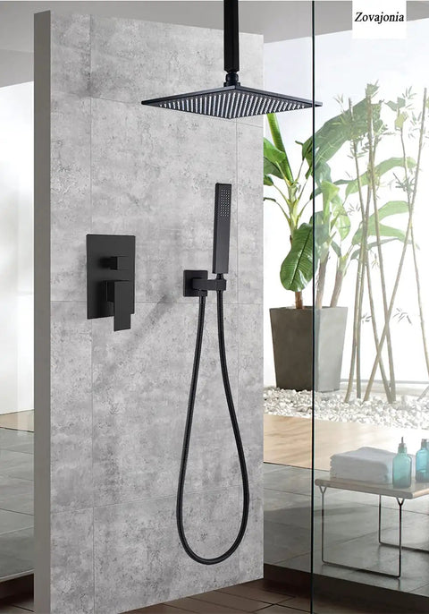 Dope LED Rain Shower System With 12 Inch Square Brass Rain Head, Ceiling Mounted High Pressure Fixture, Handheld shown in bathroom.