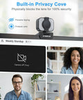 Pro Grade 2K Webcam For Pcs Featuring Warm Led Ring And Punchy Dual Mic Plus Handy Privacy Slider For Daily Work From Home Hustle and Butter Smooth Calls With Zero Hassle Setup Every Single Time You Log On with privacy cover on monitor.