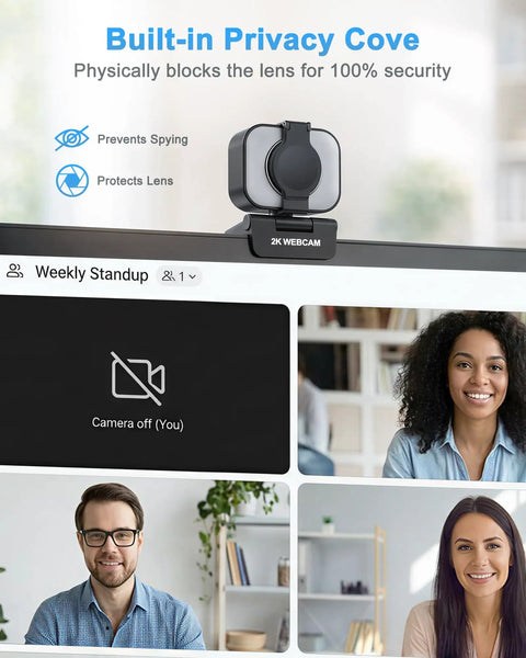Pro Grade 2K Webcam For Pcs Featuring Warm Led Ring And Punchy Dual Mic Plus Handy Privacy Slider For Daily Work From Home Hustle and Butter Smooth Calls With Zero Hassle Setup Every Single Time You Log On with privacy cover on monitor.