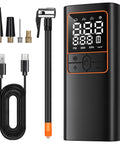 150 PSI Cordless Air Compressor And Tire Inflator With Auto Shut Off And Rechargeable Battery LED Light, accessories shown