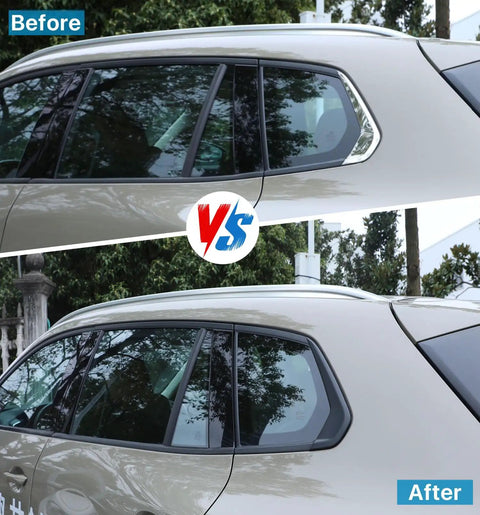 Before and after installation of Mazda CX 50 Matte Black Rear Window Trim Molding Covers ABS Injection Molded D Pillar Post Trims 2023-2026 CX50