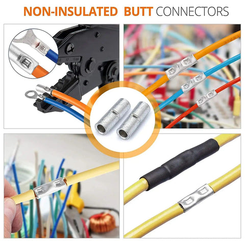 Non Insulated Butt Connectors Kit 380Pcs Marine Grade Tinned Copper Seamless Barrel Crimp Splice Terminals For 26 To 6 AWG Wires