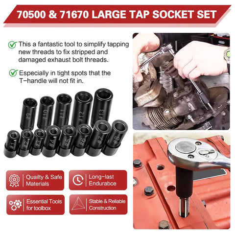 13 Piece Tap Socket Set Kit for Standard and Metric Taps with 70500 and 71670 sockets, shown in use with square drive tool.