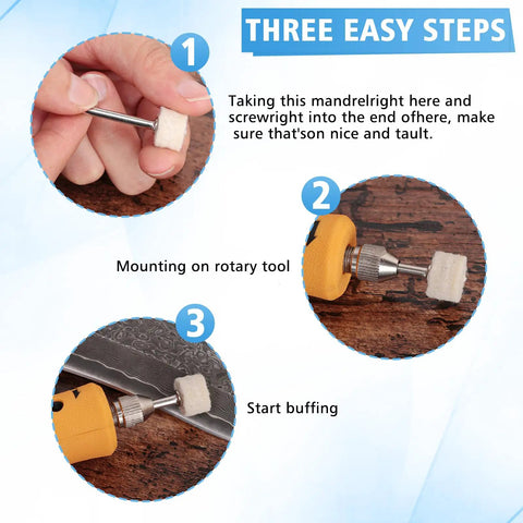 Illustration of 110 Piece Value Packed Buffing Wheel And Polishing Kit For Rotary Tools With 1 Eighth Inch Shank in use.