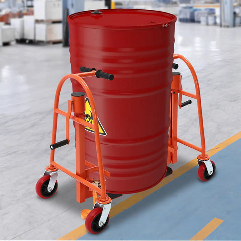 Rock Solid Furniture Moving Kit With 1300 Lb Rating Steel Slider Pads on a rolling cart moving a red barrel.