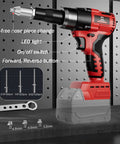 Rivet Gun For Milwaukee 18V Battery - Cordless Riveting Tool with 3 nose sizes and LED light displayed on a black pegboard.