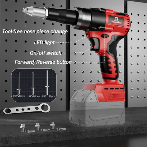 Rivet Gun For Milwaukee 18V Battery - Cordless Riveting Tool with 3 nose sizes and LED light displayed on a black pegboard.