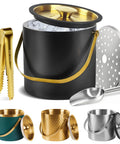 Premium Ice Bucket With Secure Silicone Lid Double Wall Vacuum Insulation Locks In Chill So Your Drinks Stay Frosty And Party Ready Black Three Liter Champagne Cooler Bucket Includes Scoop And Tongs with ice inside and serving tools.