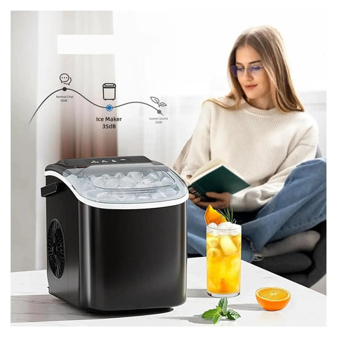 Hella Fast Portable Countertop Ice Maker Drops Fresh Cubes In Six Minutes With Sturdy Carry Handle Self Cleaning Tech pushes out ice with glass of refreshing drink.