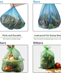 Comparison of blue Small 4 Gallon Compostable Trash Bags, Unscented, Leak Proof Biodegradable Wastebasket Liners and green alternative bags with leakage.