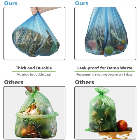 Comparison of blue Small 4 Gallon Compostable Trash Bags, Unscented, Leak Proof Biodegradable Wastebasket Liners and green alternative bags with leakage.