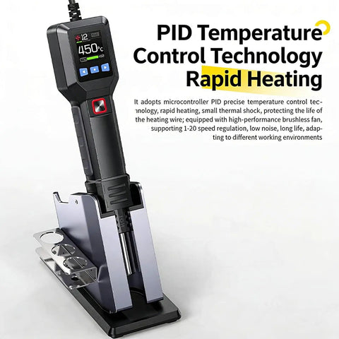 550W 2-In-1 Hot Air Rework Station With LCD Display showcasing temperature at 450°C on stand