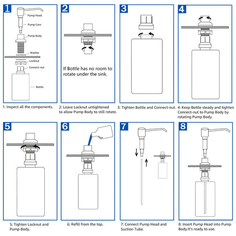 Installation steps for Brushed Nickel Built-In Soap Dispenser For Kitchen Sink, Stainless Steel Pump Head With 17oz Bottle.