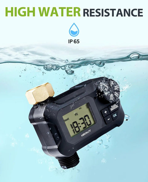 Programmable Garden Hose Water Timer for Outdoor Irrigation, IP65 Waterproof, submerged in water, showing high water resistance
